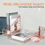 Rose Gold Desk Accessories Office Supplies Set, File Holder, Magazine File Organizer, Pen Holder, Stapler, Staple Remover, Staples, Tape Dispenser, Ballpoint Pen, Scissor, Binder Clips for Office - Image 4